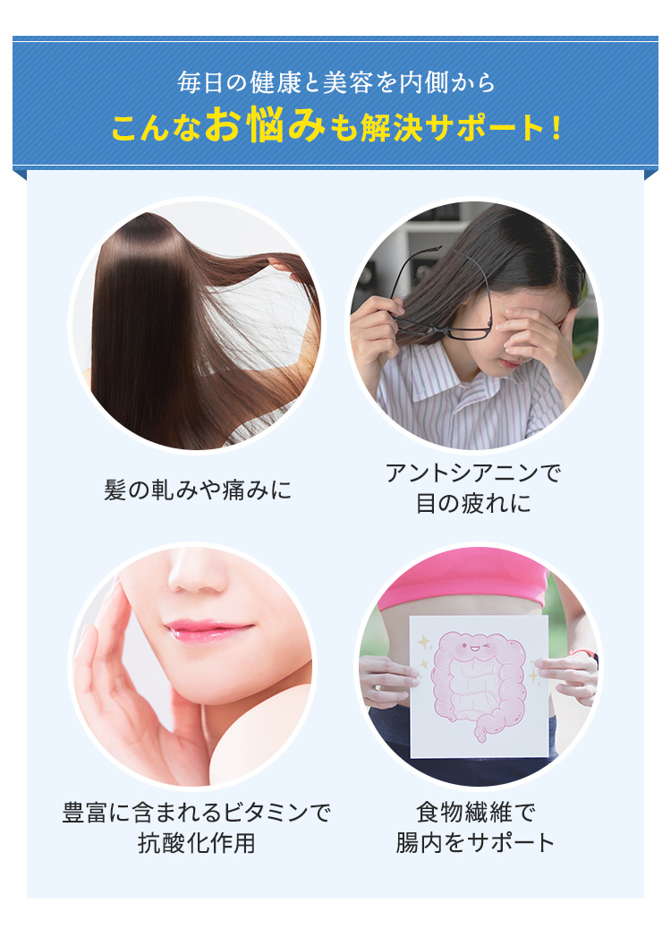髪の軋みや痛みに、アントシアニンで目の疲れに、抗酸化作用に、腸内サポートに